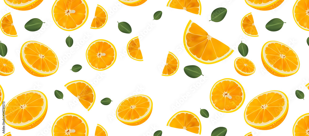 Fresh Orange pattern with green leaf. Fresh orange slices on white background. Orange close-up. Realistic Vector illustration Fresh Orange pattern with green leaf. Fresh orange slices on white background. Orange close-up. Realistic Vector illustration