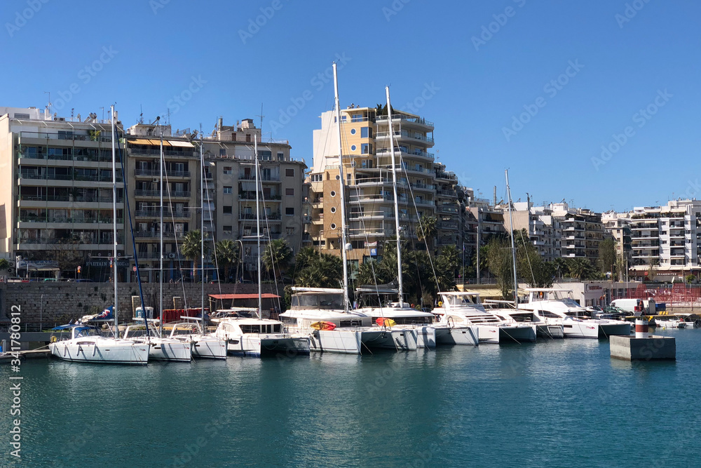 Pireus, Greece - March 15, 2018: View of the Zea bay marina