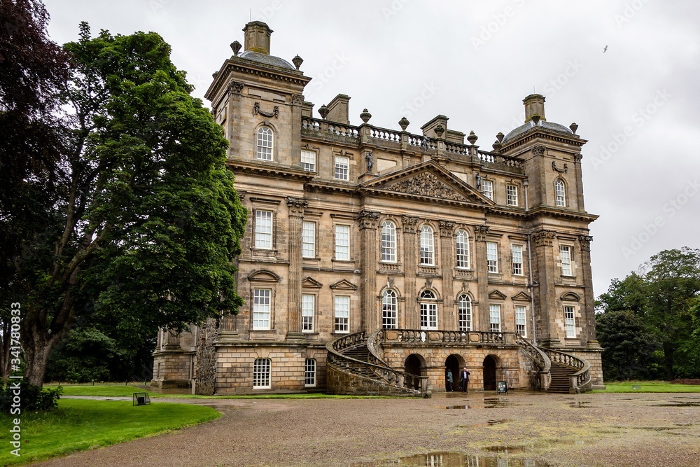 Duff House building with collection of paintings in Banff, Aberdeenshire, Scotland in Scottish rainy weather