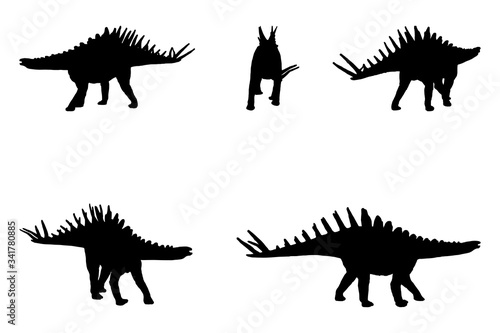 5 black and white set vector dinosaur kentosaurus dino silhouette isolated on white background © dakinya