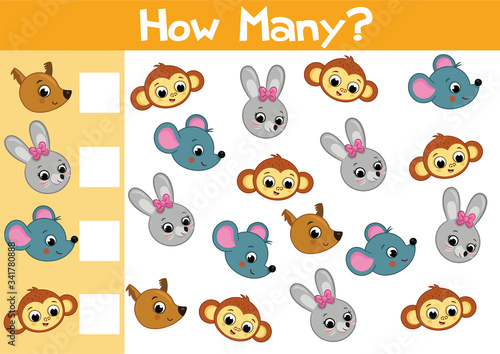 Counting animal game illustration for preschool kids in vector format. How many are there?