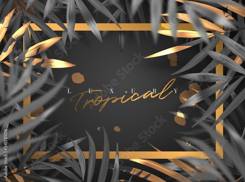 Black and gold luxury 3d realistic tropical palm leaf frame vector background illustration