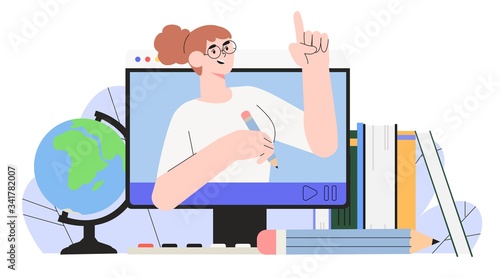 Female teacher conduct lessons online for school pupils or university students. Video course, web seminar, internet class, personal teacher service for individual distant home self education.