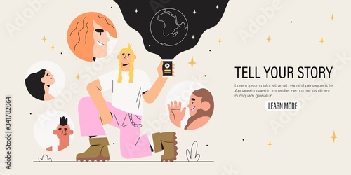 Man hold smartphone and chat or stay connected with friends or audience worldwide. Social media video or digital storytelling, tell your story with visual media or blogger streaming concept banner.