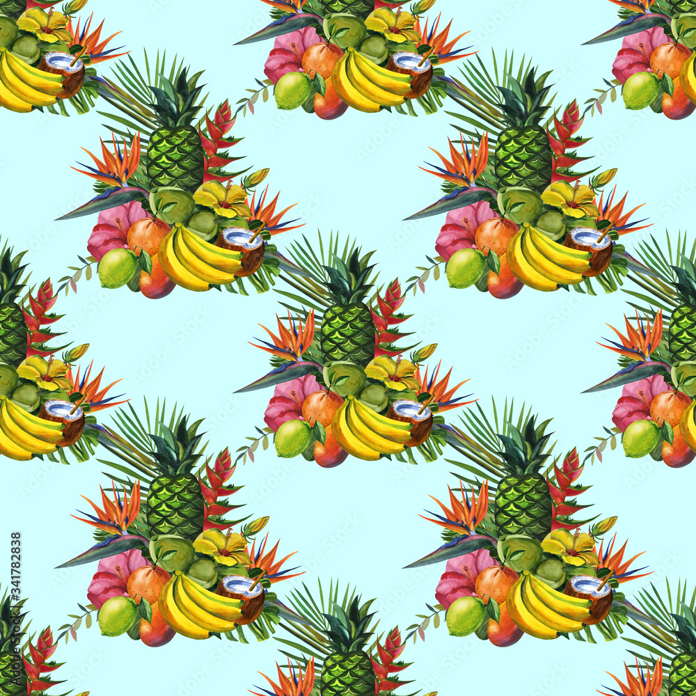 Fototapeta premium Watercolor seamless floral pattern with fruts hand drawing decorative background. Hand drawn watercolor illustration. Print for textile, cloth, wallpaper, scrapbooking