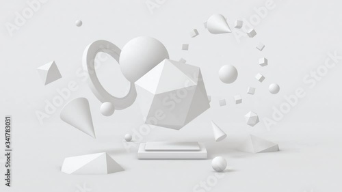 White geometric shapes moving. Abstract animation, 3d render.
