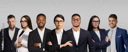 фотографія Successful business people in formal attire smiling on grey background, collage
