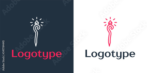 Logotype line Magic staff icon isolated on white background. Magic wand, scepter, stick, rod. Logo design template element. Vector Illustration