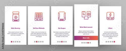 Power Bank Device Onboarding Icons Set Vector. Power Bank Electronic Equipment For Charging Smartphone And Photo Camera, Portable Charger Illustrations
