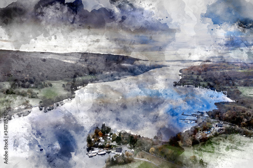 Digital watercolor painting of Breathtaking vibrant landscape images over Coniston Water at sunrise on beautiful Autumn Fall morning