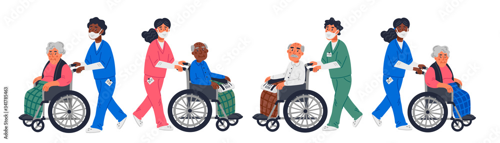Senior patient. An elderly men women in a wheelchairs and male or female nurses in a face masks on a white background. Senior people protection, stay safe concept. Simple flat vector horizontal Senior patient. An elderly men women in a wheelchairs and male or female nurses in a face masks on a white background. Senior people protection, stay safe concept. Simple flat vector horizontal