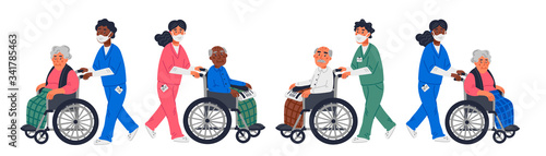 Senior patient. An elderly men women in a wheelchairs and male or female nurses in a face masks on a white background. Senior people protection, stay safe concept. Simple flat vector horizontal