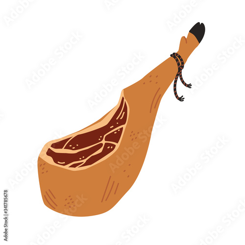 Jamon. Meat delicatessen on white background. Spanish dry cured pork leg with black hoof, jamon iberico bellota. Simple flat style vector illustration.