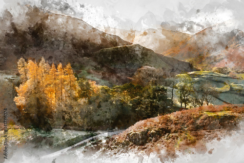 Fototapeta Naklejka Na Ścianę i Meble -  Digital watercolor painting of Majestic Autumn Fall landscape of backlit larch trees in Lake District viewed from Hallin Fell durnig a cold morning
