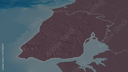 Lisboa, district with its capital, zoomed and extruded on the administrative map of Portugal in the conformal Stereographic projection. Animation 3D