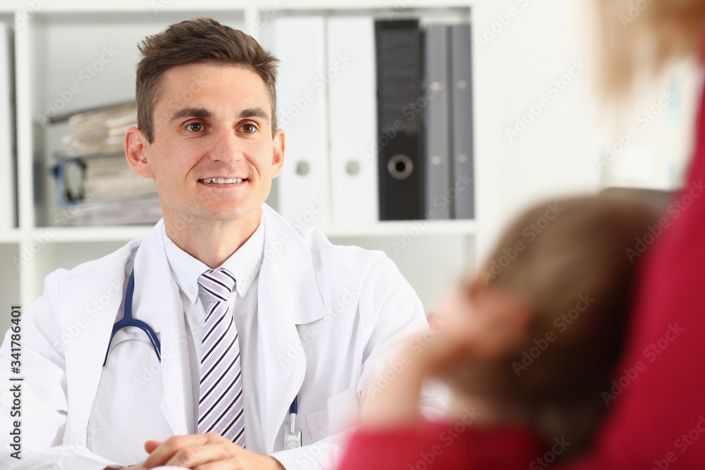 Little child with mother at pediatrician reception. Physical exam, cute infant portrait, baby aid, healthy lifestyle, ward round, child sickness, clinic test, high quality and trust concept