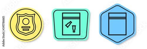 Set line Police badge, Evidence bag and bullet and Plastic bag with ziplock. Colored shapes. Vector