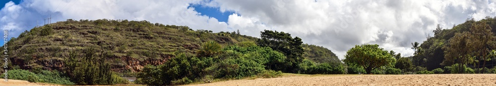 Panoramic view of green landscape near beach in Oahu Hawaii