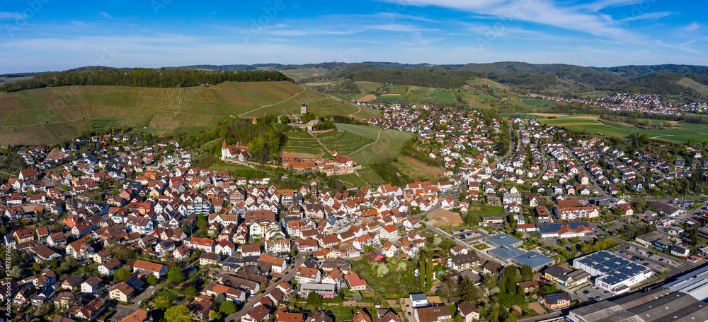 Aerial view of the village and castle Beilstein in Germany on a sunny day in early spring