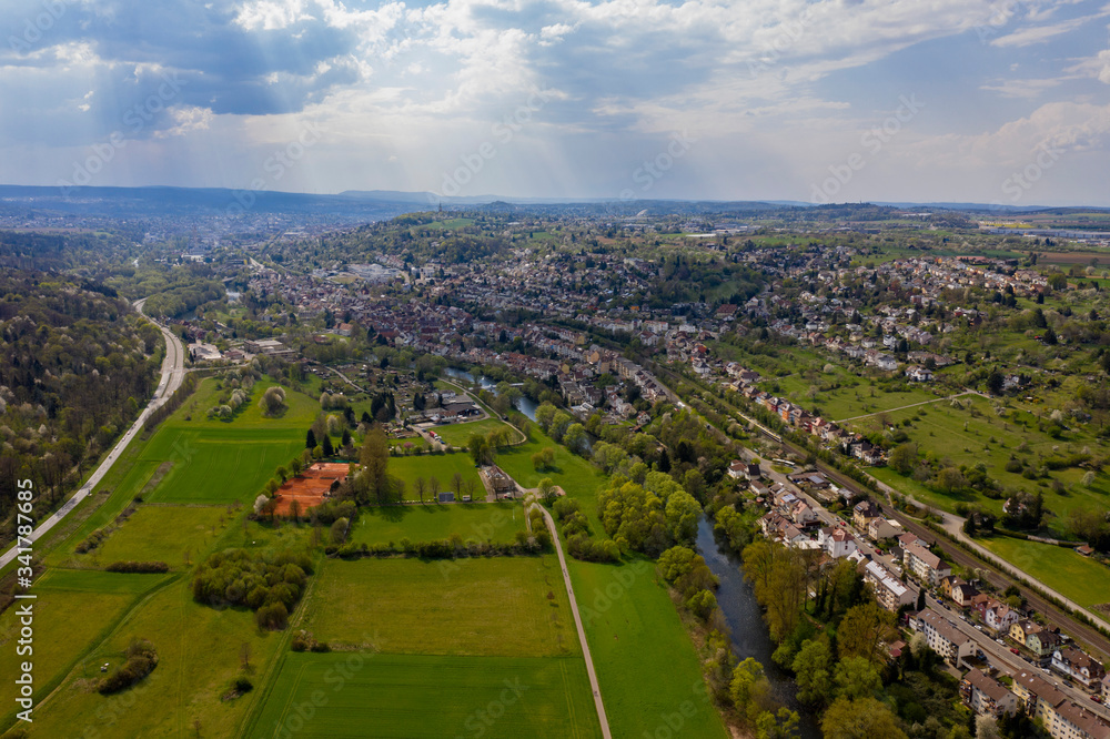 Aerial view of the village Eutingen beside Pforzheim in Germany on an early spring morning.