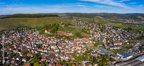 Aerial view of the village and castle Beilstein in Germany on a sunny day in early spring