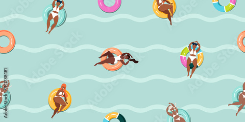 Girls swimming in pool rings. Women and pool rings. Happy girls in white swimsuits. Top-down view. Trendy seamless pattern for wrapping, textile, banner design. Modern vector illustrated characters.