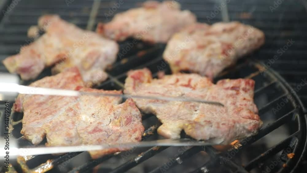 Outdoor barbecue party. Closeup of meat roasting on grill. Outdoor barbecue party. Closeup of meat roasting on grill.