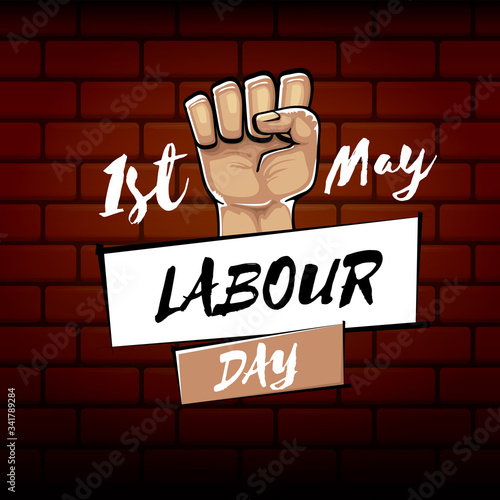Happy labour day vector label with strong orange fist isolated on brick wall background. vector happy labor day background with man hand. red workers may day poster