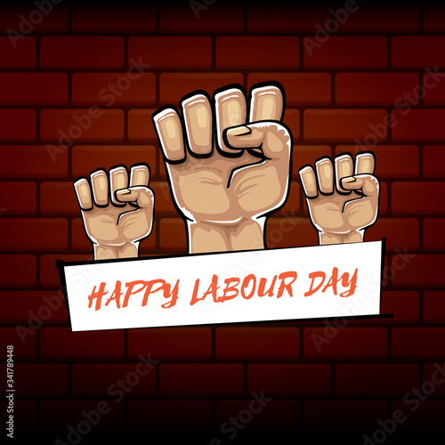 Happy labour day vector label with strong orange fist isolated on brick wall background. vector happy labor day background with man hand. red workers may day poster