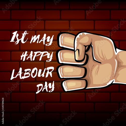 Happy labour day vector label with strong orange fist isolated on brick wall background. vector happy labor day background with man hand. red workers may day poster