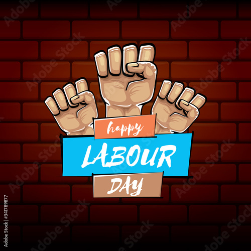 Happy labour day vector label with strong orange fist isolated on brick wall background. vector happy labor day background with man hand. red workers may day poster