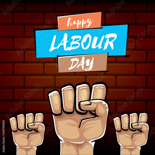 Happy labour day vector label with strong orange fist isolated on brick wall background. vector happy labor day background with man hand. red workers may day poster