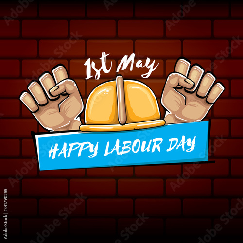 Happy labour day vector label with strong orange fist isolated on brick wall background. vector happy labor day background with man hand. red workers may day poster