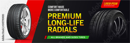 Realistic tire banner. Car wheel repair and auto rubber advertising flyer, automobile information brochure with tyre sale offer. Vector image quality auto service promo poster.