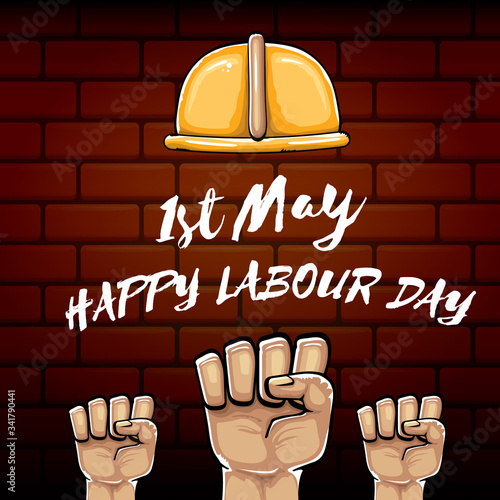 Happy labour day vector label with strong orange fist isolated on brick wall background. vector happy labor day background with man hand. red workers may day poster