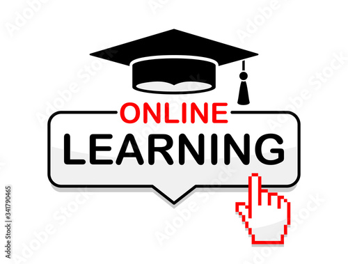 Online learning. Advertising internet education, training courses.  Flat design badge, icon with cursor . Illustration, vector 
