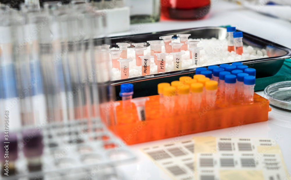 Vials with samples of SARS-COV-2 Covid-19 prepared cold in a hospital, conceptual image Vials with samples of SARS-COV-2 Covid-19 prepared cold in a hospital, conceptual image