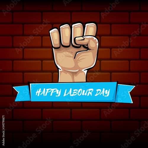 Happy labour day vector label with strong orange fist isolated on brick wall background. vector happy labor day background with man hand. red workers may day poster