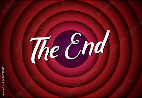 The end movie font comic poster circle. Cartoon film end poster logo background.