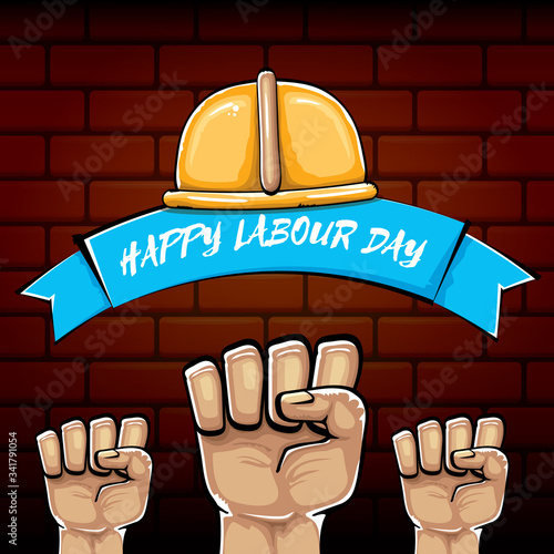 Happy labour day vector label with strong orange fist isolated on brick wall background. vector happy labor day background with man hand. red workers may day poster