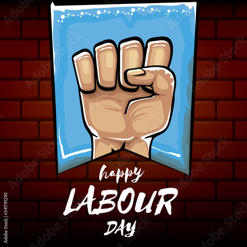 Happy labour day vector label with strong orange fist isolated on brick wall background. vector happy labor day background with man hand. red workers may day poster