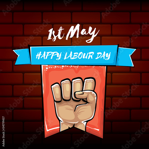 Happy labour day vector label with strong orange fist isolated on brick wall background. vector happy labor day background with man hand. red workers may day poster