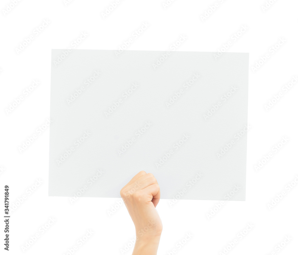 Fototapeta premium Woman hand rise up a blank white placard for copy-space.