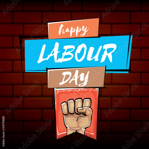 Happy labour day vector label with strong orange fist isolated on brick wall background. vector happy labor day background with man hand. red workers may day poster