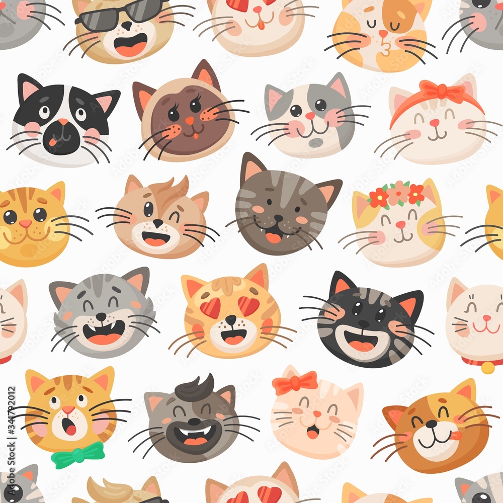 Cute cats vector seamless pattern, kitten muzzles with bows, flower wreath and neck ties on white background. Cartoon animal faces, kids design for fabric or wrapping paper. Funny kawaii cats pattern