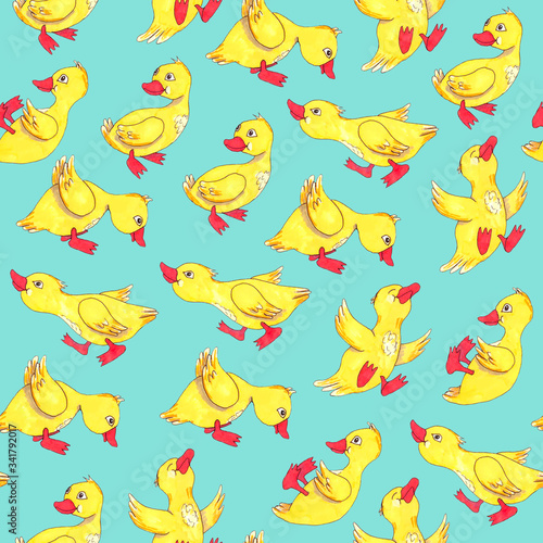Yellow ducks colorful seamless pattern for children on blue