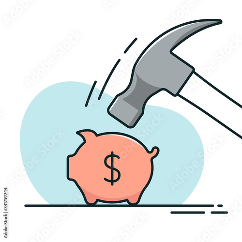 Pig money box smashed by a hammer. Vector illustration