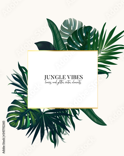 Nature tropical arrangement, exotic leaves vector bouquet, holiday design, wedding invitation, party template. Realistic greenery art pint, boho rustic watercolor illustration with text