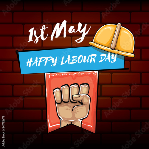 Happy labour day vector label with strong orange fist isolated on brick wall background. vector happy labor day background with man hand. red workers may day poster