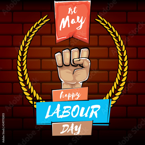 Happy labour day vector label with strong orange fist isolated on brick wall background. vector happy labor day background with man hand. red workers may day poster